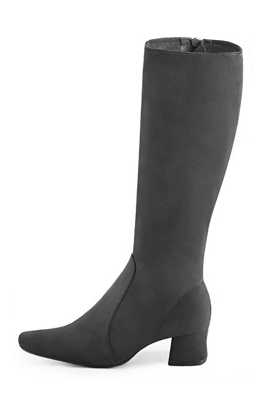 Dark grey women's feminine knee-high boots. Round toe. Low flare heels. Made to measure. Profile view - Florence KOOIJMAN
